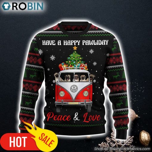 Pug Dogs Carrying Gift Christmas On The Red Car Ugly Christmas Sweater Dog Memorial Gift