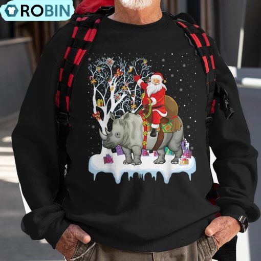 Rhinoceros Lover Xmas Santa Riding Rhino Christmas Ugly Christmas Sweatshirt
