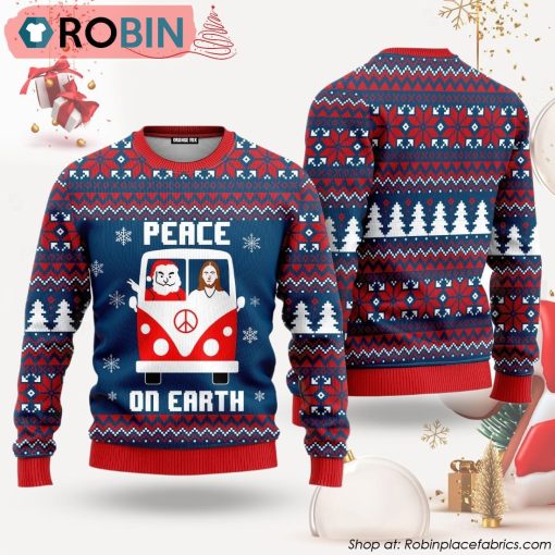 Santa And Jesus Hippie Bus Peace On Earth Ugly Christmas Sweater