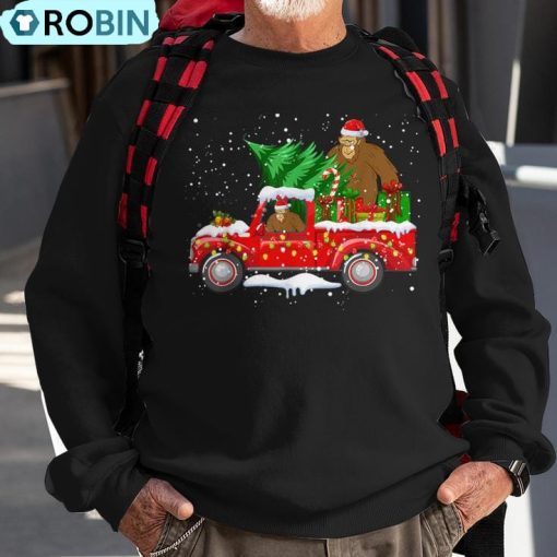 Santa Bigfoot Riding Red Truck & Xmas Tree Merry Christmas Ugly Christmas Sweatshirt