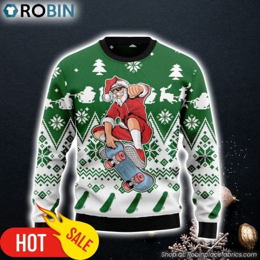 Santa Claus Skateboarding Ugly Christmas Sweater For Christmas