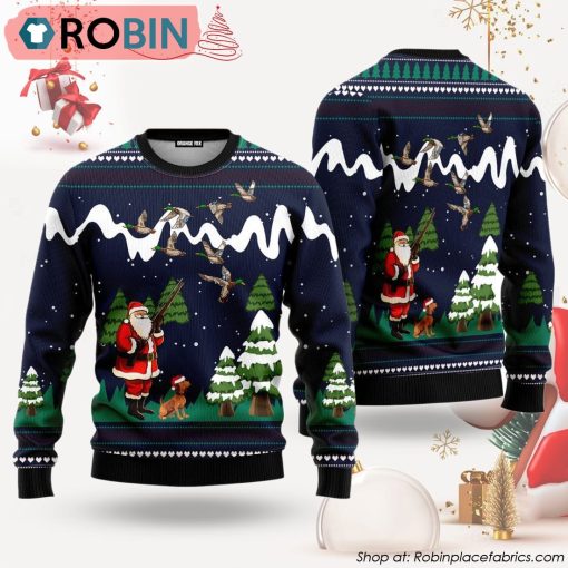 Santa Hunting Duck Navy Blue Ugly Christmas Sweater