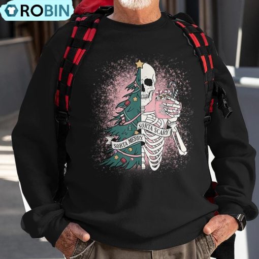 Sorta Merry Sorta Scary Christmas Skeleton Bleached Ugly Christmas Sweatshirt