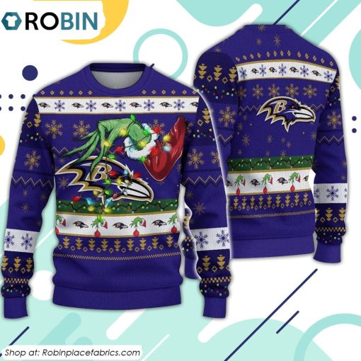 The Grinch Holding Baltimore Ravens Design Ugly Christmas Sweater