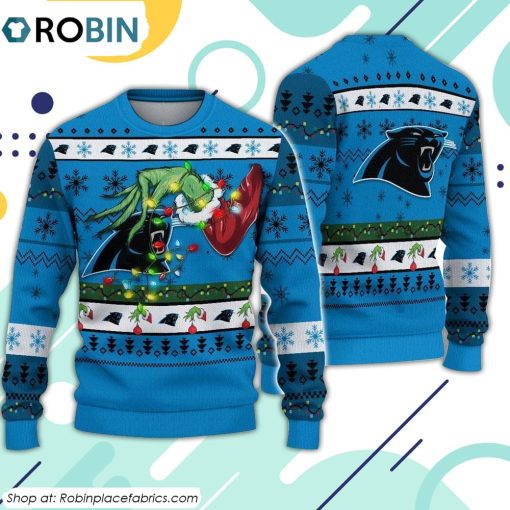 The Grinch Holding Carolina Panthers Design Ugly Christmas Sweater