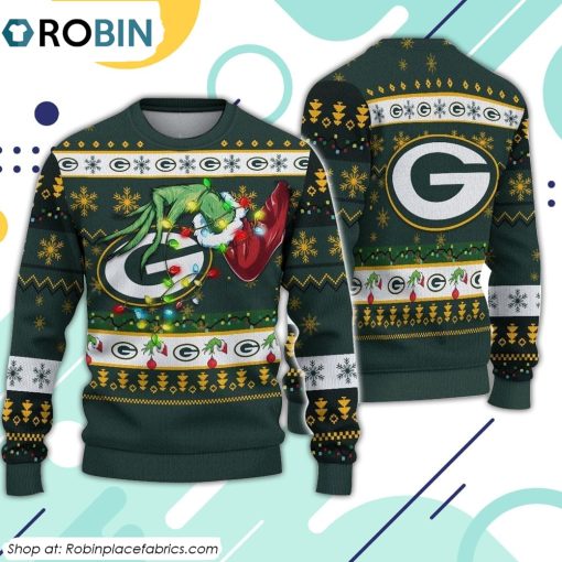 The Grinch Holding Green Bay Packers Design Ugly Christmas Sweater