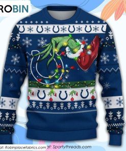 The Grinch Holding Indianapolis Colts Design Ugly Christmas Sweater The Grinch Holding Indianapolis Colts Design Ugly Christmas Sweater