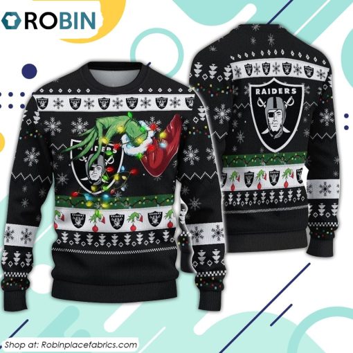 The Grinch Holding Las Vegas Raiders Design Ugly Christmas Sweater