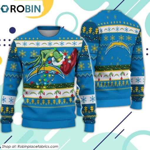 The Grinch Holding Los Angeles Chargers Design Ugly Christmas Sweater