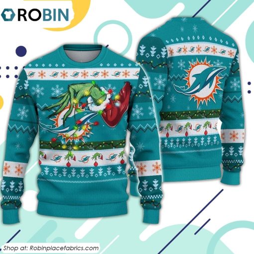 The Grinch Holding Miami Dolphins Design Ugly Christmas Sweater