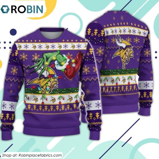 The Grinch Holding Minnesota Vikings Design Ugly Christmas Sweater