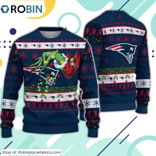 The Grinch Holding New England Patriots Design Ugly Christmas Sweater