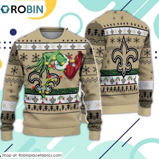 The Grinch Holding New Orleans Saints Design Ugly Christmas Sweater