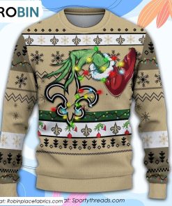 The Grinch Holding New Orleans Saints Design Ugly Christmas Sweater The Grinch Holding New Orleans Saints Design Ugly Christmas Sweater