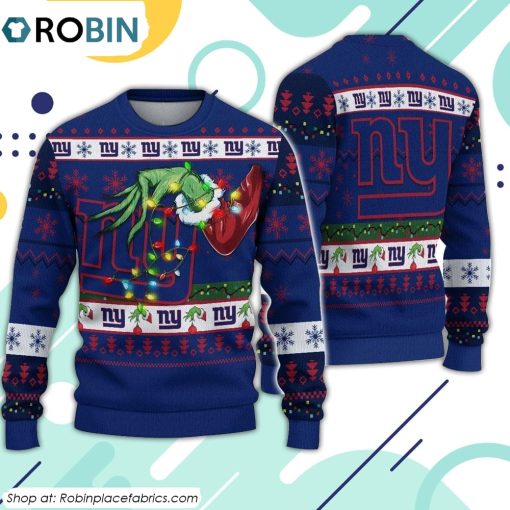 The Grinch Holding New York Giants Design Ugly Christmas Sweater