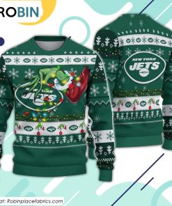 The Grinch Holding New York Jets Design Ugly Christmas Sweater