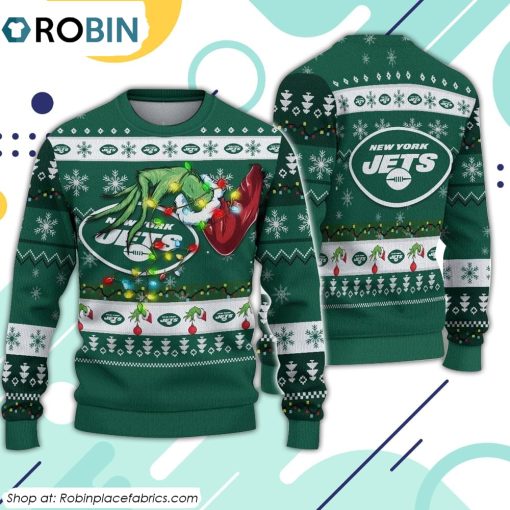 The Grinch Holding New York Jets Design Ugly Christmas Sweater