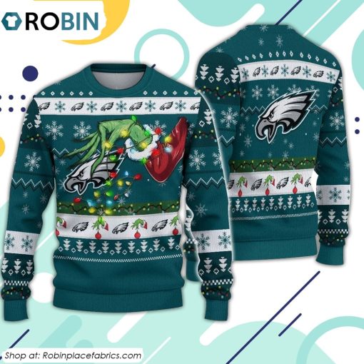 The Grinch Holding Philadelphia Eagles Design Ugly Christmas Sweater