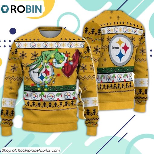The Grinch Holding Pittsburgh Steelers Design Ugly Christmas Sweater