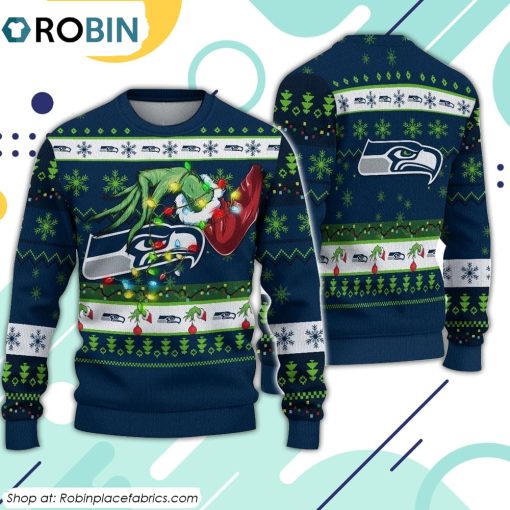 The Grinch Holding Seattle Seahawks Design Ugly Christmas Sweater