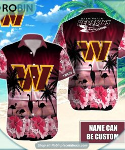 Washington Commanders Flamingo Tropical Leaf Pattern Hawaiian Shirt Washington Commanders Flamingo Tropical Leaf Pattern Hawaiian Shirt