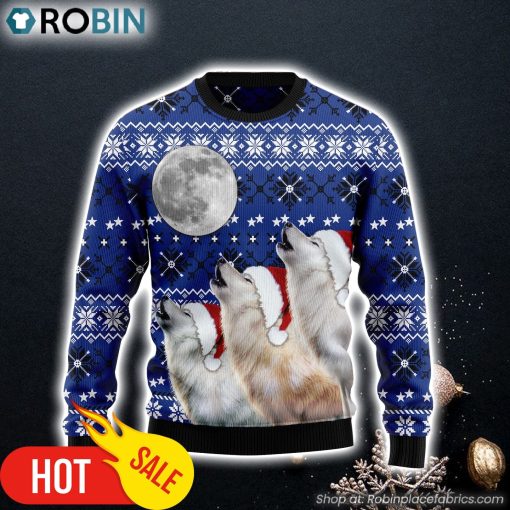 Wolf Howling Moon Ugly Christmas Sweater Funny Family Sweater Gifts
