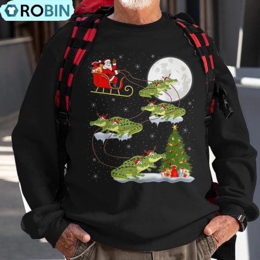 Xmas Lighting Tree Santa Riding Alligator Christmas Ugly Christmas Sweatshirt