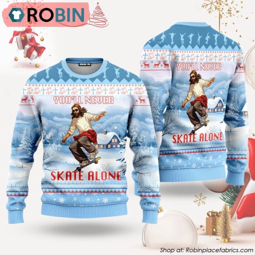 You’ll Never Skate Alone Funny Jesus Skateboarding Ugly Christmas Sweater