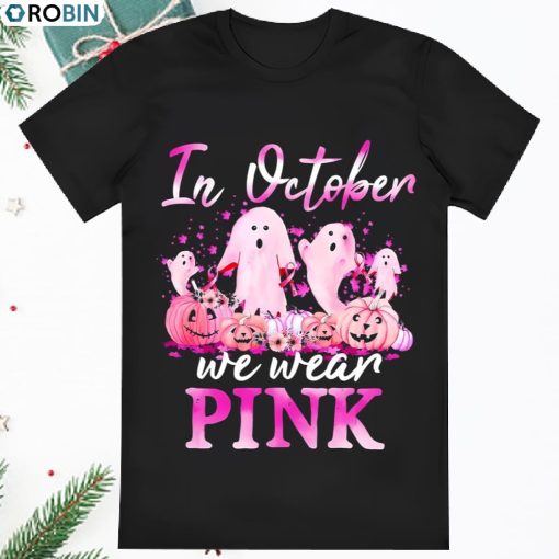 Caterpillar In October We Wear Pink Ghost Pumpkin Breast Cancer T Shirt