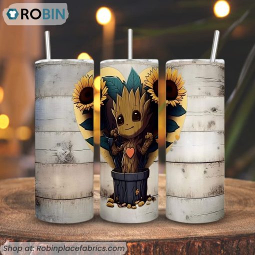 Baby Groot Sunflower 3D Printed Skinny Tumbler, Guardians Of The Galaxy Tumbler