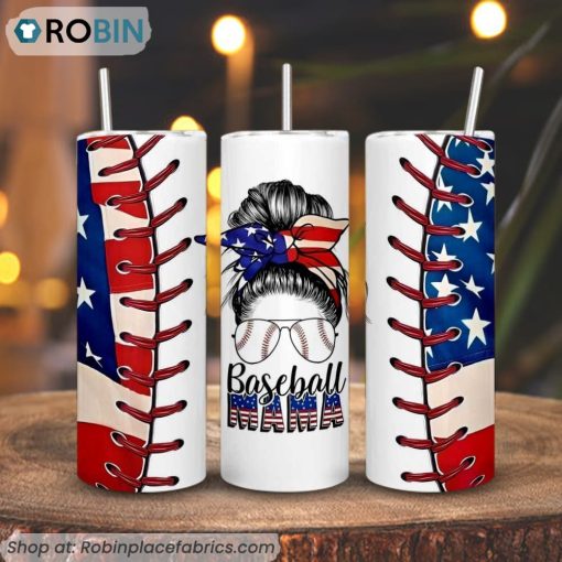 Baseball Mama Messy Bun American Flag 3D Printed Skinny Tumbler, Baseball Mom Tumbler