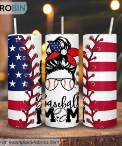 Baseball Mom USA Flag Messy Bun 3D Printed Skinny Tumbler, Patriot Mom Tumbler