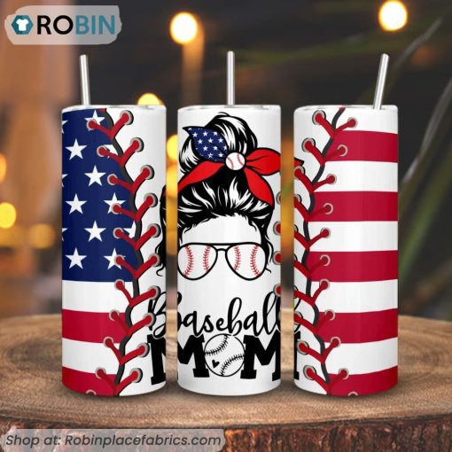 Baseball Mom USA Flag Messy Bun 3D Printed Skinny Tumbler, Patriot Mom Tumbler
