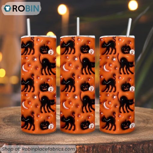 Black Cat And Pumpkin 3D Inflated Tumbler, Halloween Tumbler