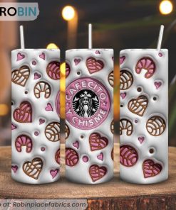 Cafecito Y Chisme Starbucks 3D Puff 3D Printed Skinny Tumbler, Pan Dulce Coffee 3D Tumbler