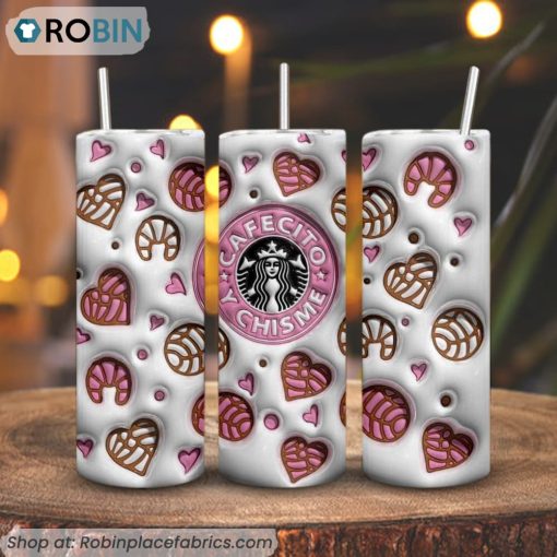 Cafecito Y Chisme Starbucks 3D Puff 3D Printed Skinny Tumbler, Pan Dulce Coffee 3D Tumbler