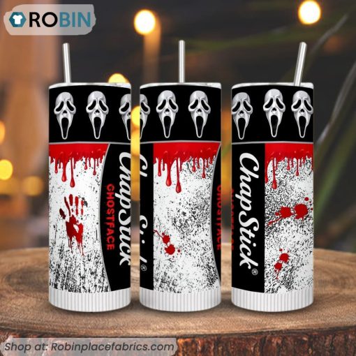 Chapstick Ghostface 3D Printed Skinny Tumbler, Scream Horror Movie Halloween Tumblers