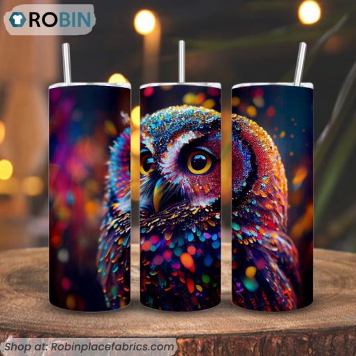 Colorful Glitter Owl 3D Printed Skinny Tumbler, Bird Tumbler