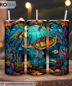 Colorful Sea Turtle And Fish 3D Printed Skinny Tumbler, The Sea Tumbler