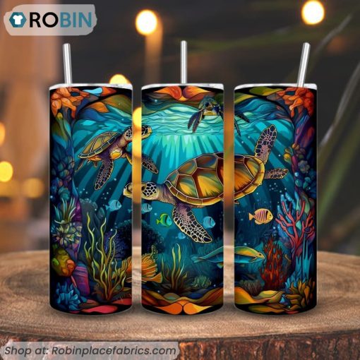 Colorful Sea Turtle And Fish 3D Printed Skinny Tumbler, The Sea Tumbler