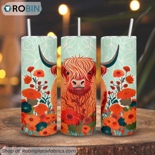 Cute Highland Cow Flowers 3D Printed Skinny Tumbler, Highland Cattle Heifer Tumbler
