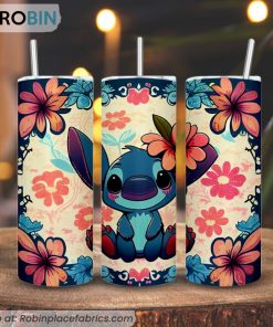 Cute Stitch With Flowers 3D Printed Skinny Tumbler, Lilo And Stitch Tumbler