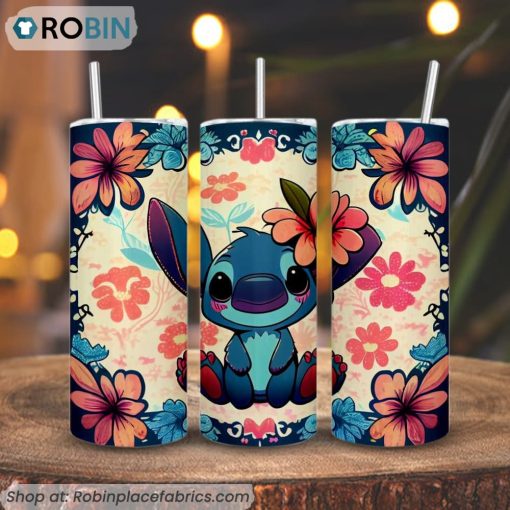 Cute Stitch With Flowers 3D Printed Skinny Tumbler, Lilo And Stitch Tumbler