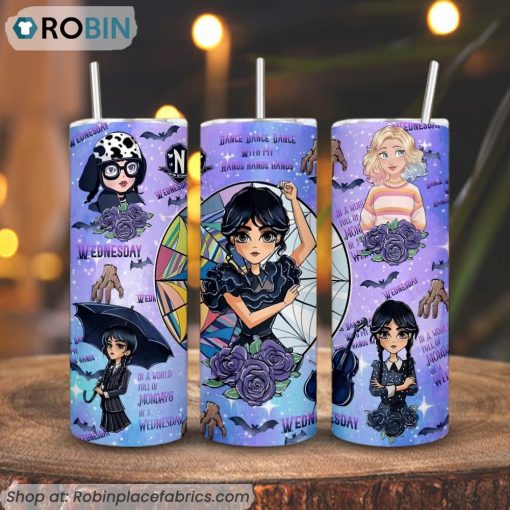 Cute Wednesday Addams Cartoon 3D Printed Skinny Tumbler, Wednesday And Enid Sinclair Tumbler
