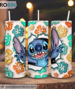 Disney Stitch Flowers 3D Puff 3D Printed Skinny Tumbler, Lilo And Stitch 3D Tumbler