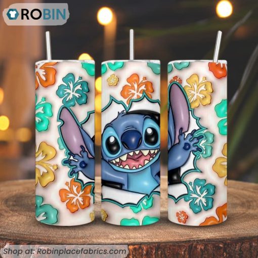 Disney Stitch Flowers 3D Puff 3D Printed Skinny Tumbler, Lilo And Stitch 3D Tumbler