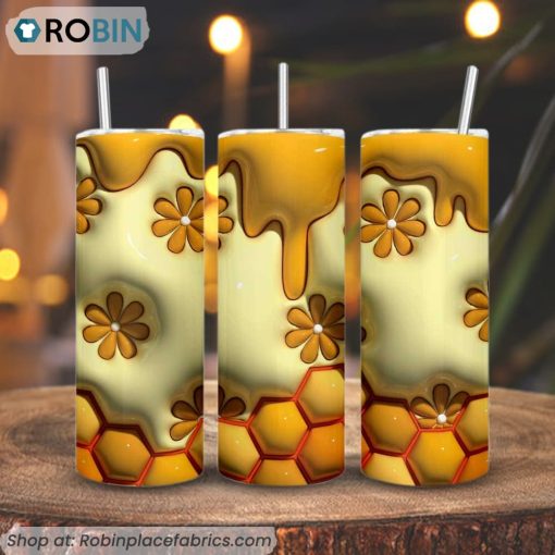 Dripping Honey Flower 3D Puff 3D Printed Skinny Tumbler, Honeycomb Tumbler