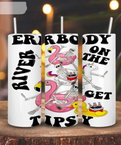 Everybody On The River Get Tipsy 3D Printed Skinny Tumbler, Skeleton Flamingo Float Straight And Tapered Tumbler