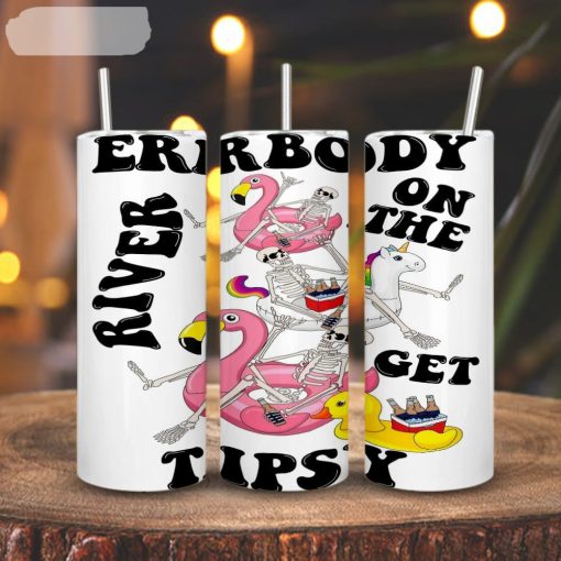 Everybody On The River Get Tipsy 3D Printed Skinny Tumbler, Skeleton Flamingo Float Straight And Tapered Tumbler