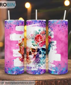Floral Couple Skull 3D Printed Skinny Tumbler, Skeleton Flower Tumbler